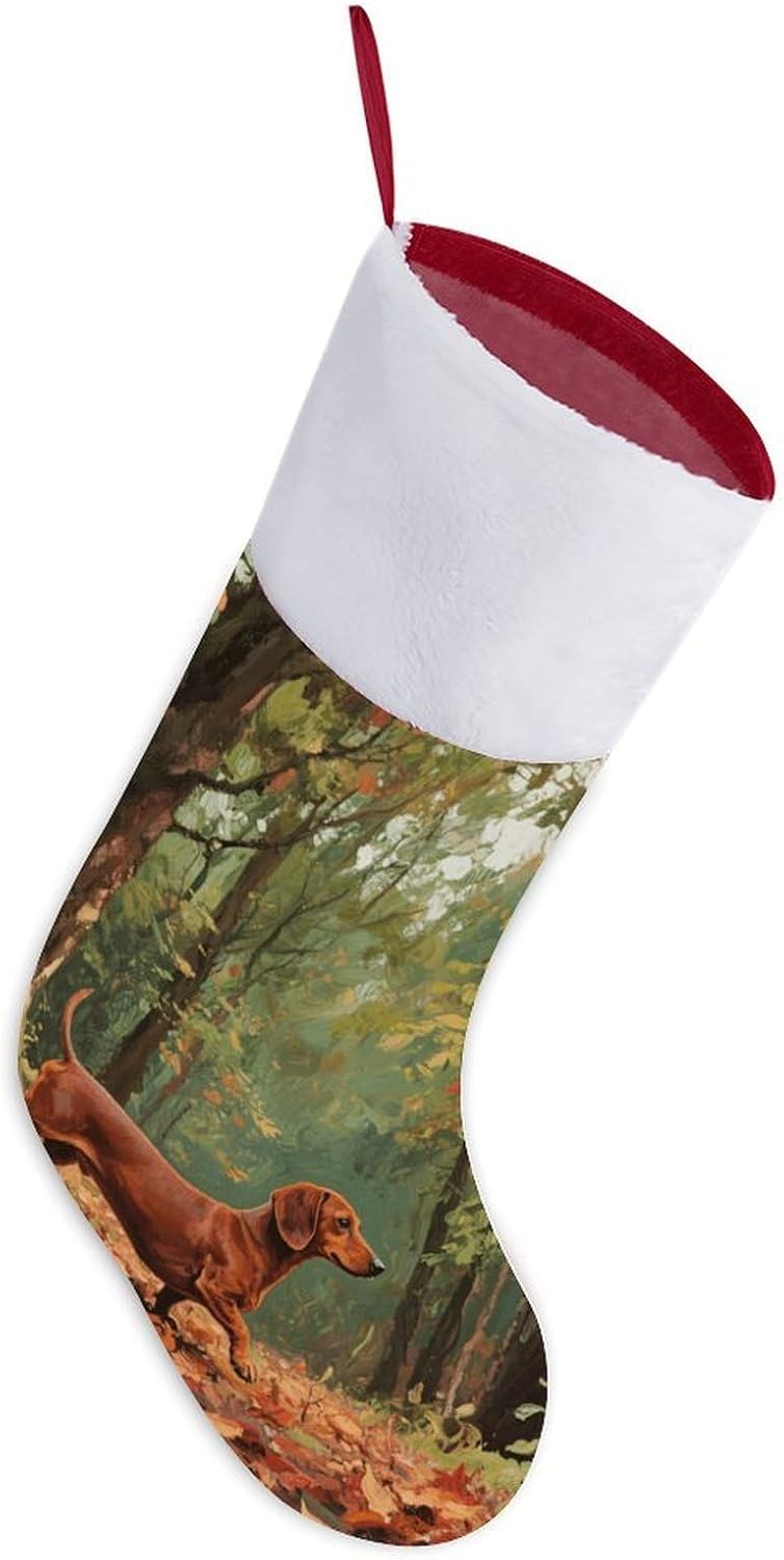 16.5 Inch Christmas Stockings with Plush Cuff - Wiener Dog Large Red Xmas Stockings for Fireplace Hanging, Traditional Holiday Decor for Family Christmas Party