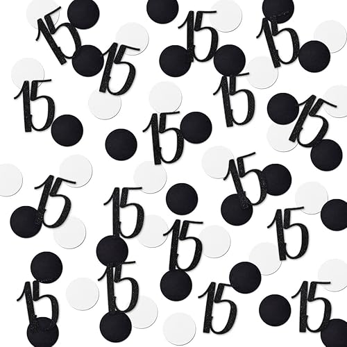 Confeti negro con purpurina 15, confeti número de cumpleaños número 15, 200 piezas de suministros de decoración de mesa para fiesta de aniversario