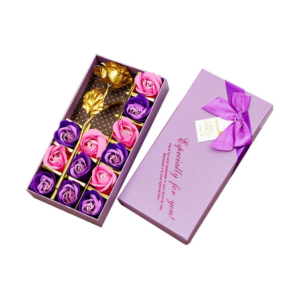 Txyk Romantic gifts 12pcs Soap Rose and 24k Gold Foil Rose Flowers Petals Set with Gift Box for Valentine's Day,Mother's day,Women's Day,Wedding,Birthday,Memorial Day (purple)