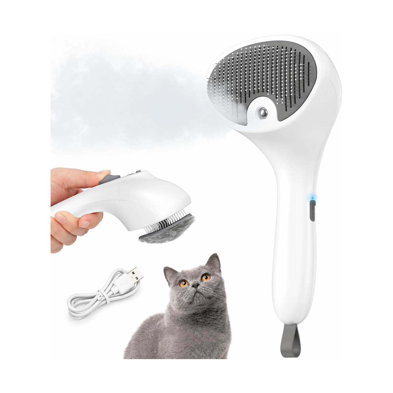 Euqvunn Cepillo a Vapor para Gatos con Botón de Liberación, [Diseño Ultra-Silencioso/Mango Ergonómico] Cepillo gato Vapor Recargable para Mascotas, Cepillo para Gatos y Perros