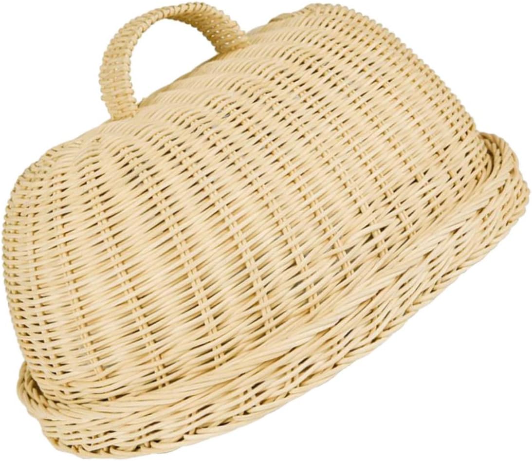 Cabilock Khaki Rattan Food Cover with Storage Tray Protective Kitchen Bread and Fruit Cloche Basket for Freshness and Dust Insect Protection Handwoven Food Storage