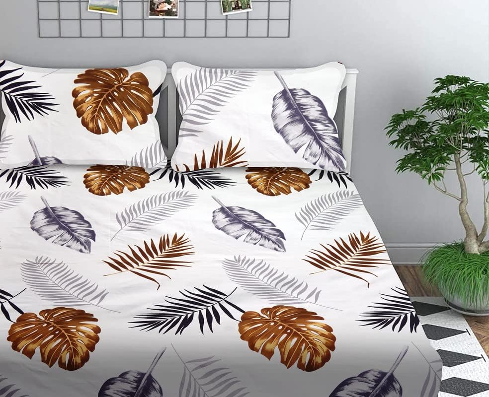 Image of NEW LEAF Premium Cotton Elastic Fitted Bedsheets with 2 Pillow Covers | Double Bed with All Around Elastic 220 TC Supersoft | for 78x72+10 Mattress, Pure White & Grey