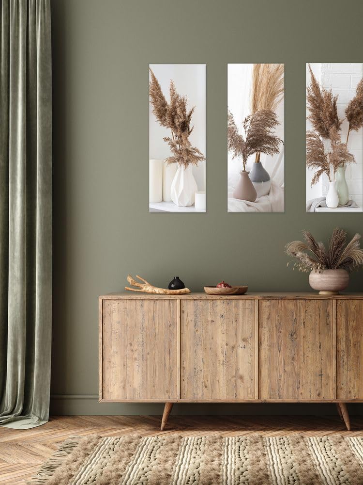 artissimo Bild aus Glas 30x80 cm Stillleben AG5457A – modernes Glasbild Wandbild Hochformat, Wanddeko Wohnzimmer beige natur, Pampas Boho Stil