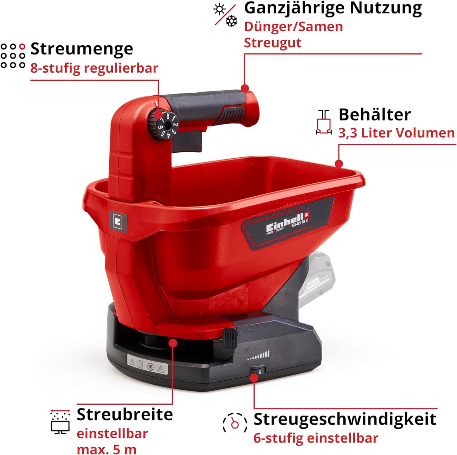 Einhell Universal Streuer GE-US 18 Li-Solo Power X-Change (Lithium-Ionen, 3,3 l, 6-stufige Drehzahlregulierung, 8-stufige Streumengenregulierung, ohne Akku und Ladegerät)