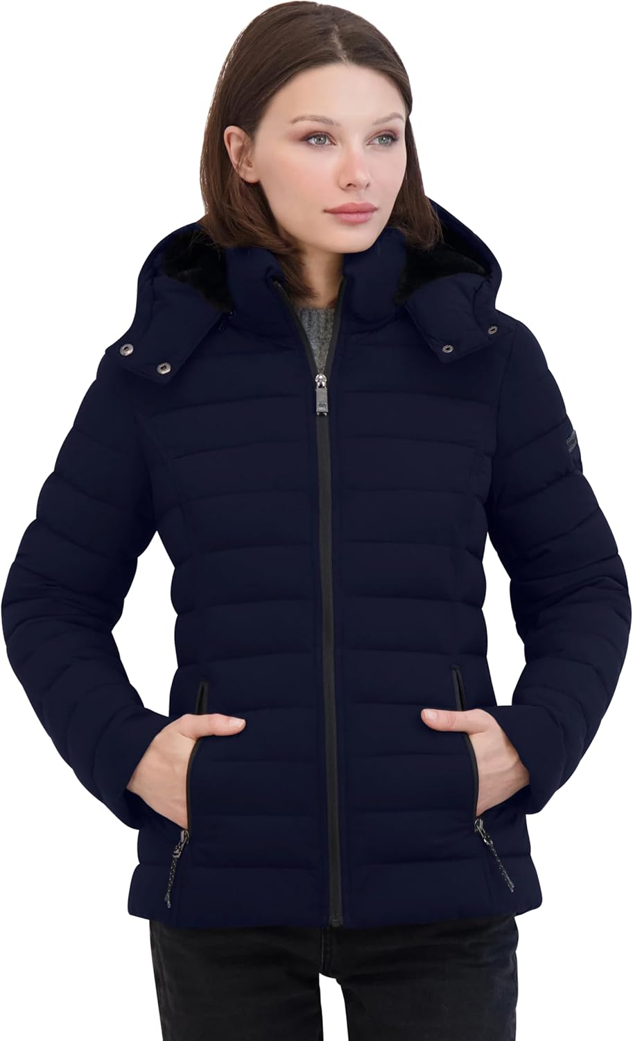 Nautica Women's Short Stretch Puffer Jacket With Fur Hood