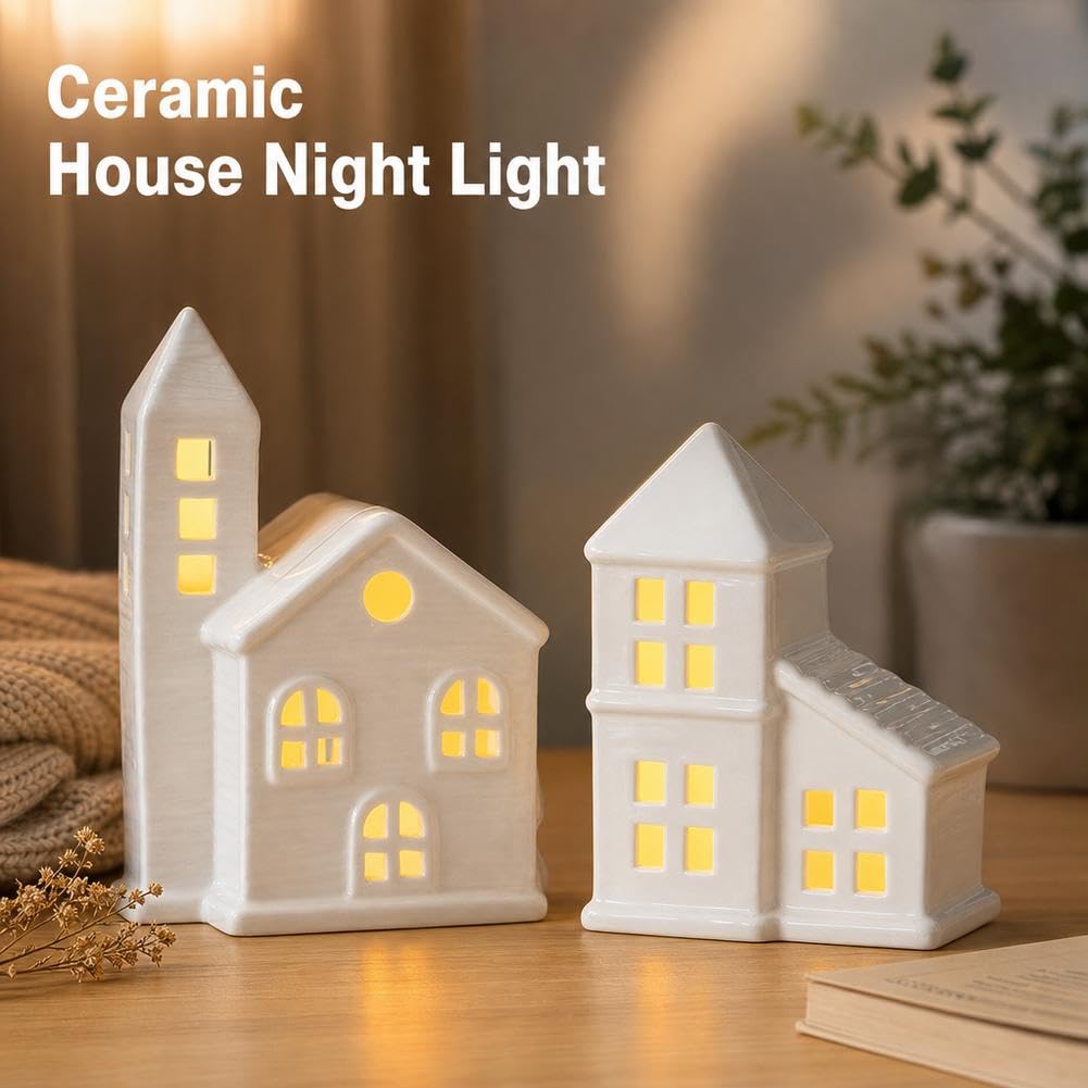 Set di 8 statuette di villaggio di Natale, in ceramica bianca, con luce LED, piccole statuette da tavolo in porcellana, decorazioni natalizie per vacanze invernali e mensole