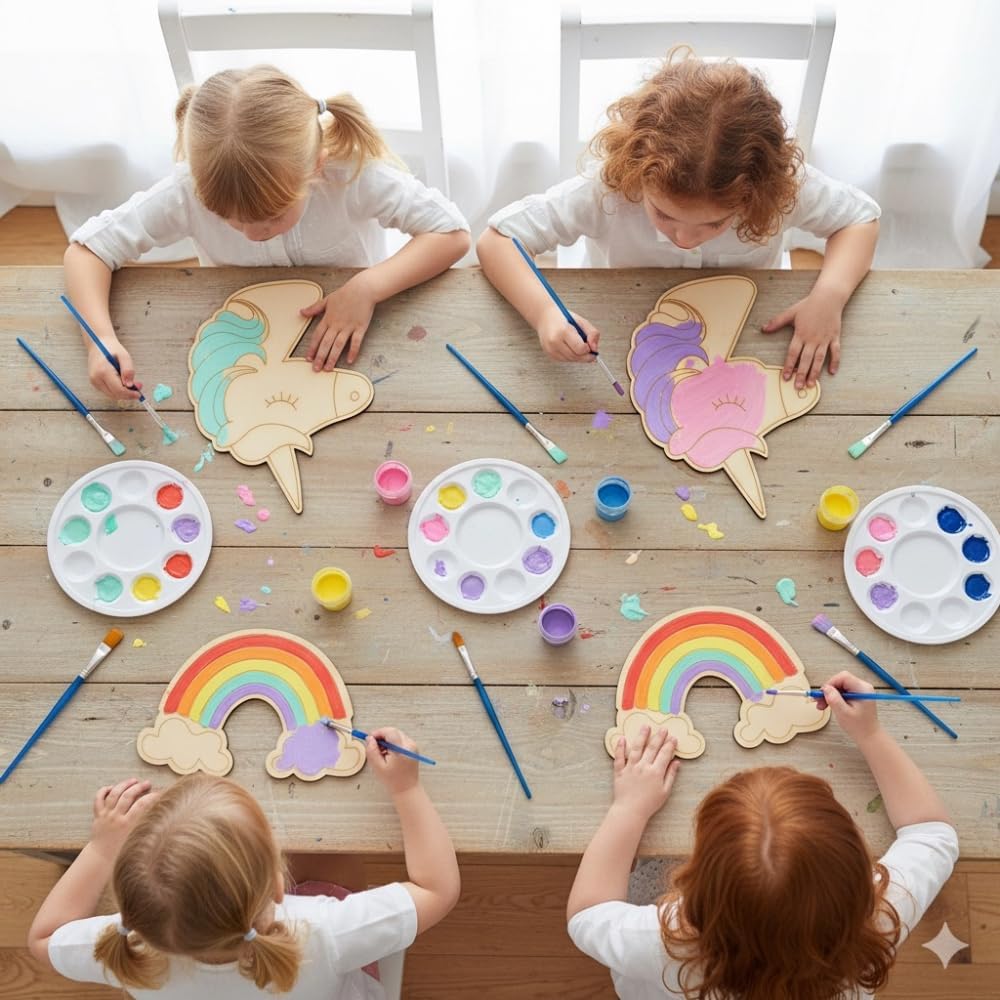 Lily + Oliver Unicorn, Mermaid & Rainbow Wood Cutout Painting Kit | 12 Inch DIY Wooden Craft Activity | Complete Set with 3 Shapes, 18 Paint Colors & 6 Brushes