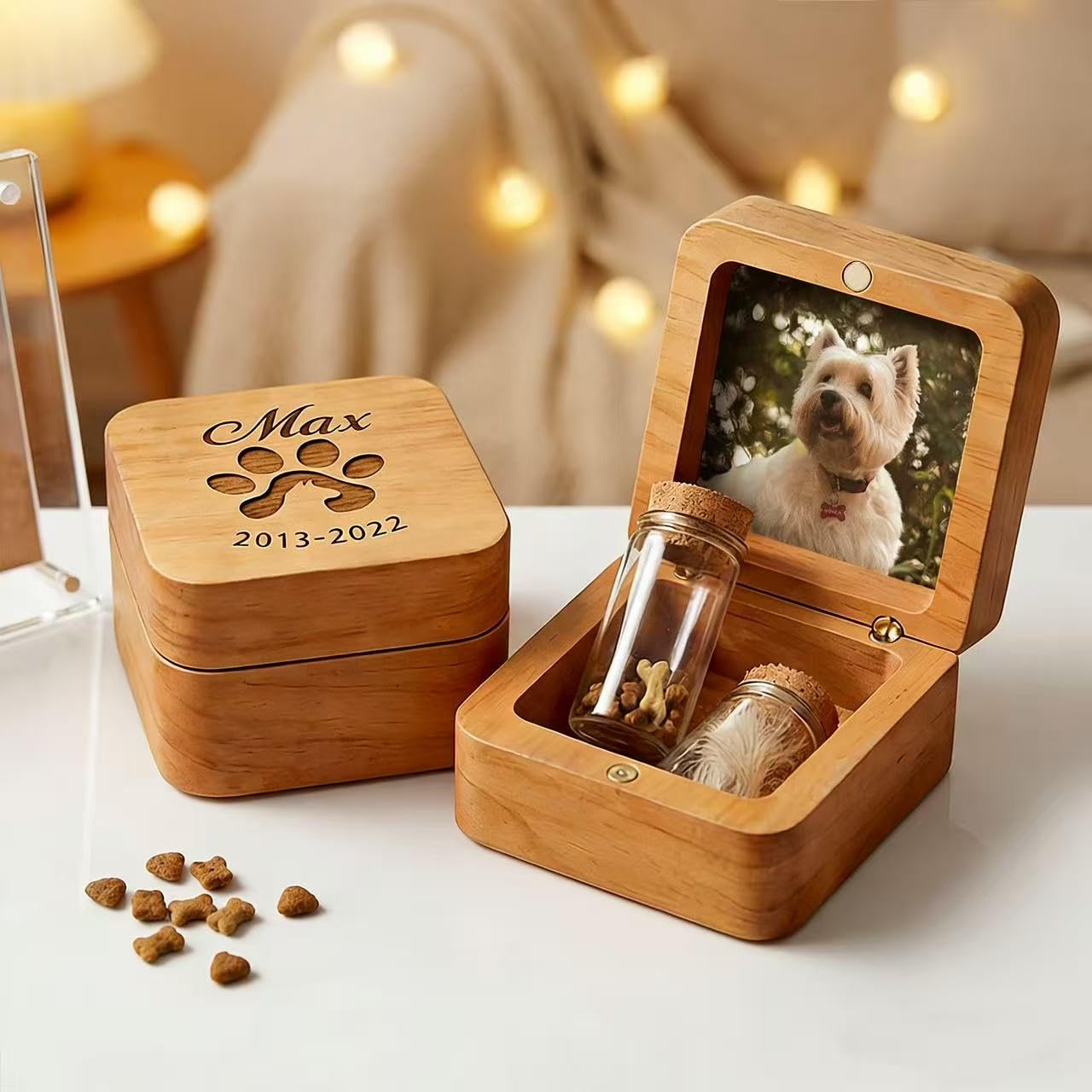 VEELU Regalo Conmemorativo Perro Gato Personalizado - Caja de Recuerdos con Foto y Nombre, Pequeña Urna de Madera para Cenizas y Pelo con 4 Frascos de Vidrio, Regalo por la Pérdida de una Mascota