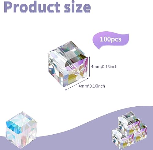 Miniatura 2 de 100 cuentas de cubo de cristal, cuentas cuadradas de vidrio de 0.157 pulgadas para la fabricación de joyas, cuentas sueltas transparentes para hacer