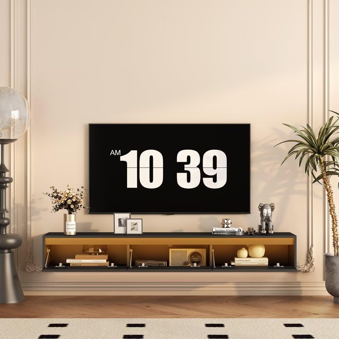 Floating TV Stand, Wall Mounted TV Shelf with Led Lights & Power Outlet,High Gloss TV Cabinet for Black Tv Stands for Living Room,Black