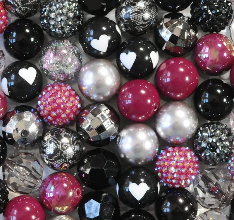 20mm Black Valentine Bubblegum Bead Mix Extra Large Chunky Plastic Bulk Beads