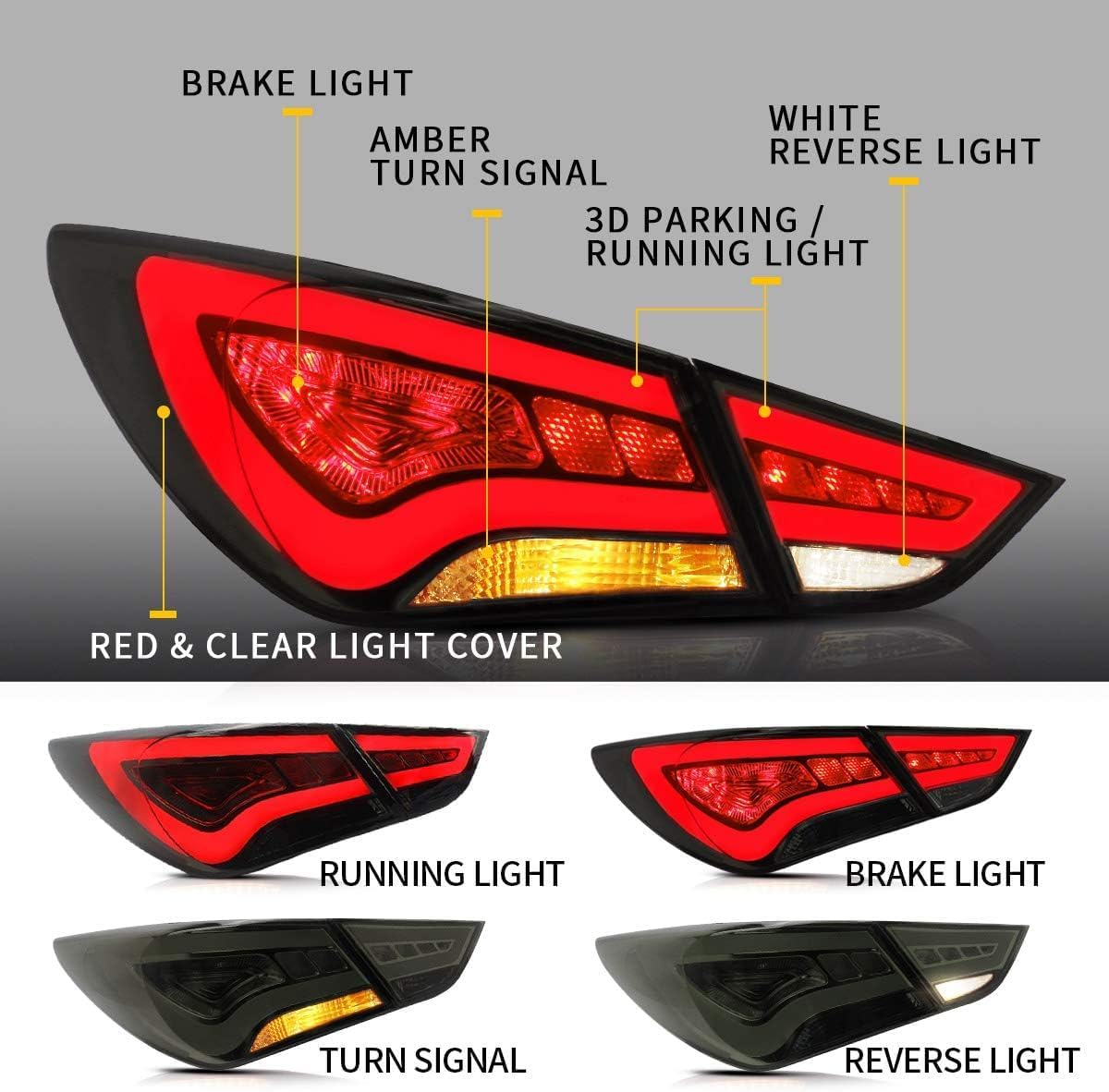 VLAND LED Headlights and Smoked Tail Lights For Hyundai Sonata 2011 2012 2013 2014, With Sequential Turn Signals Dual Beam Lens (NOT for Models without Adjusting Motor)