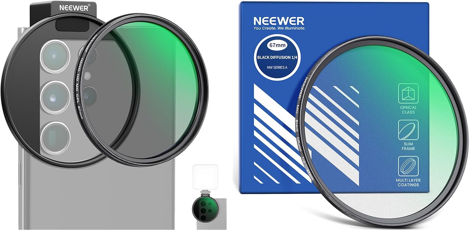 NEEWER CPL Filter for Phone, 67mm Camera Lens Polarizing Filter with Metal Cold Shoe Phone Clip Compatible with iPhone and 67mm Black Diffusion 1/4 Filter