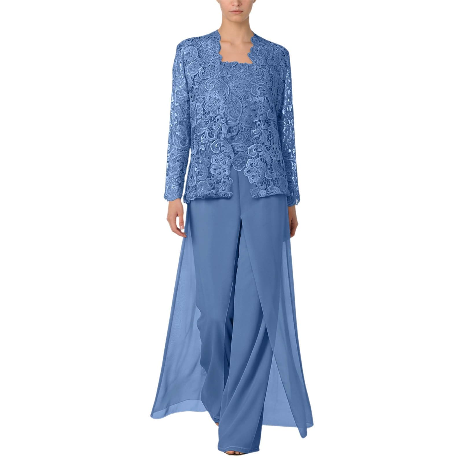 Traje de pantalón de gasa de 3 piezas para madres de novia con chaqueta, apliques de encaje, traje formal de cóctel, traje de noche con encaje, cárdigan de noche, pantalones de invitado de