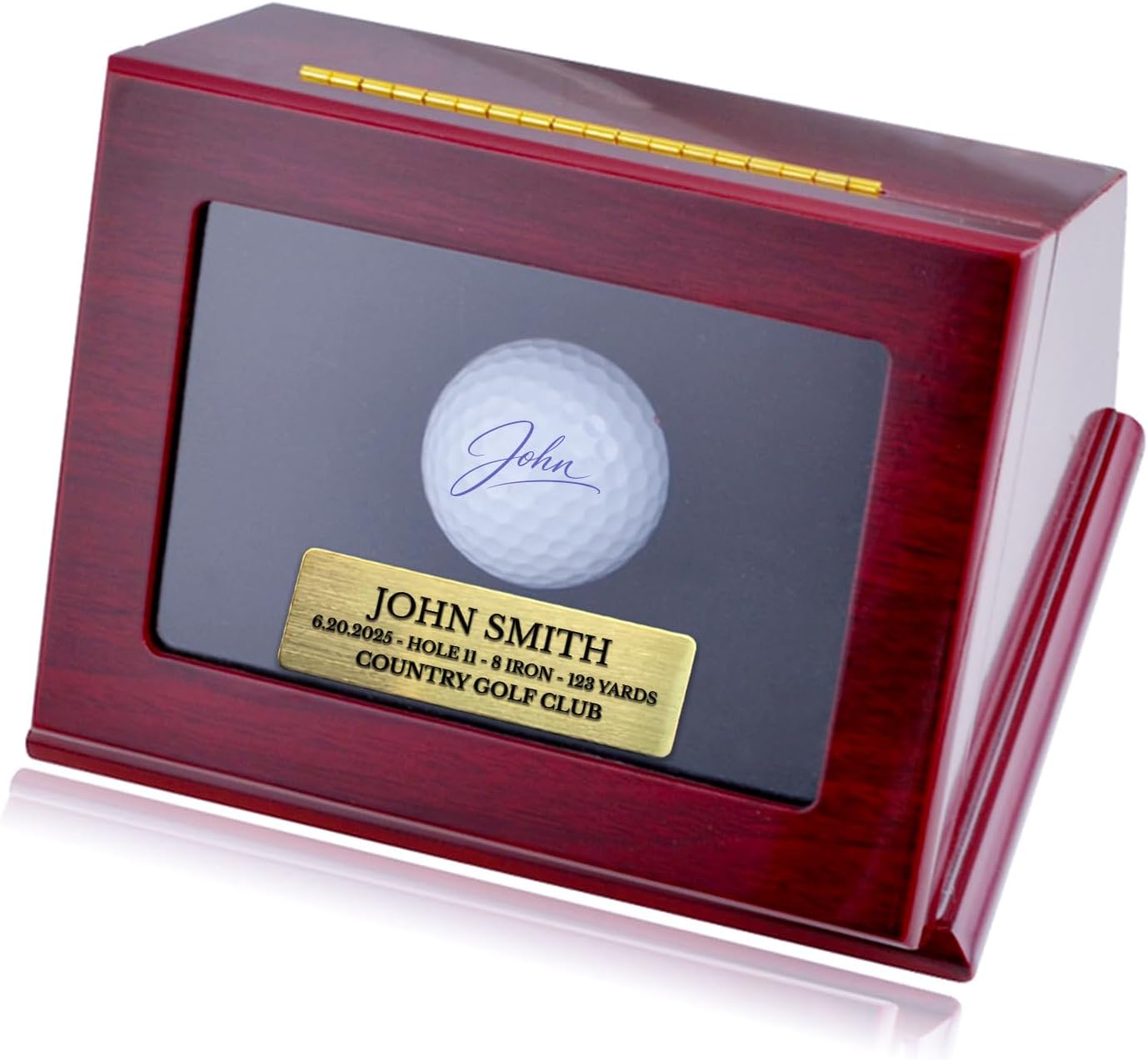 Custom Golf Ball Display Case for Hole-in-One Balls - Premium Walnut Wood Memorabilia Box with Engraved Metal Plate, UV Protection & Single Ball Holder for Dad, Husband
