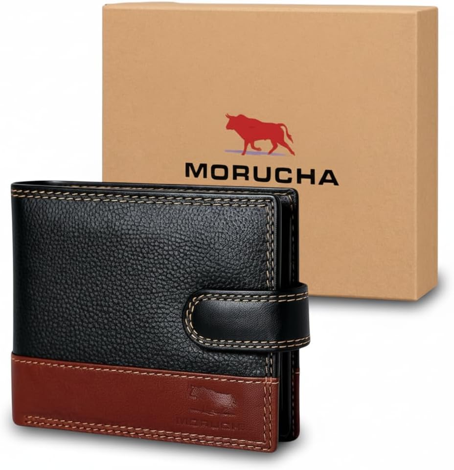 MORUCHA RFID Blocking Genuine Leather Wallet for Men – Slim Bifold Bull Leather Wallet with Coin Pocket, ID Window, 8 Card Slots – Premium Black/Brown Luxury Gift Box (Model #M75) - Image 9