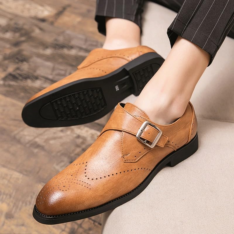 Men Monk Brogue Dress Oxford Shoes Classic Outdoor Pointed Toe Pu Leather Non Slip Rubber Sole Slip Resistant Anti-Slip Casual Slip-on2