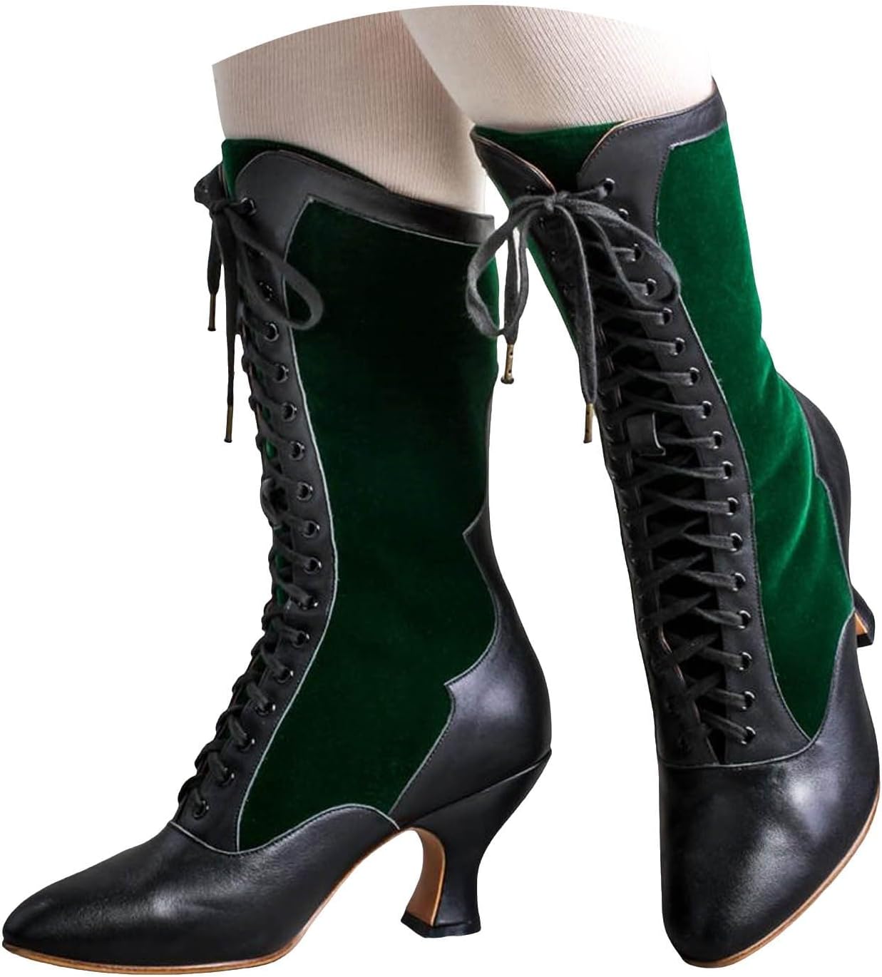 Vintage Victorian Boots for Women Granny Boots Lace up Ankle Boots Mid Calf Chunky Heel Booties Witch Costume Renaissance Shoes