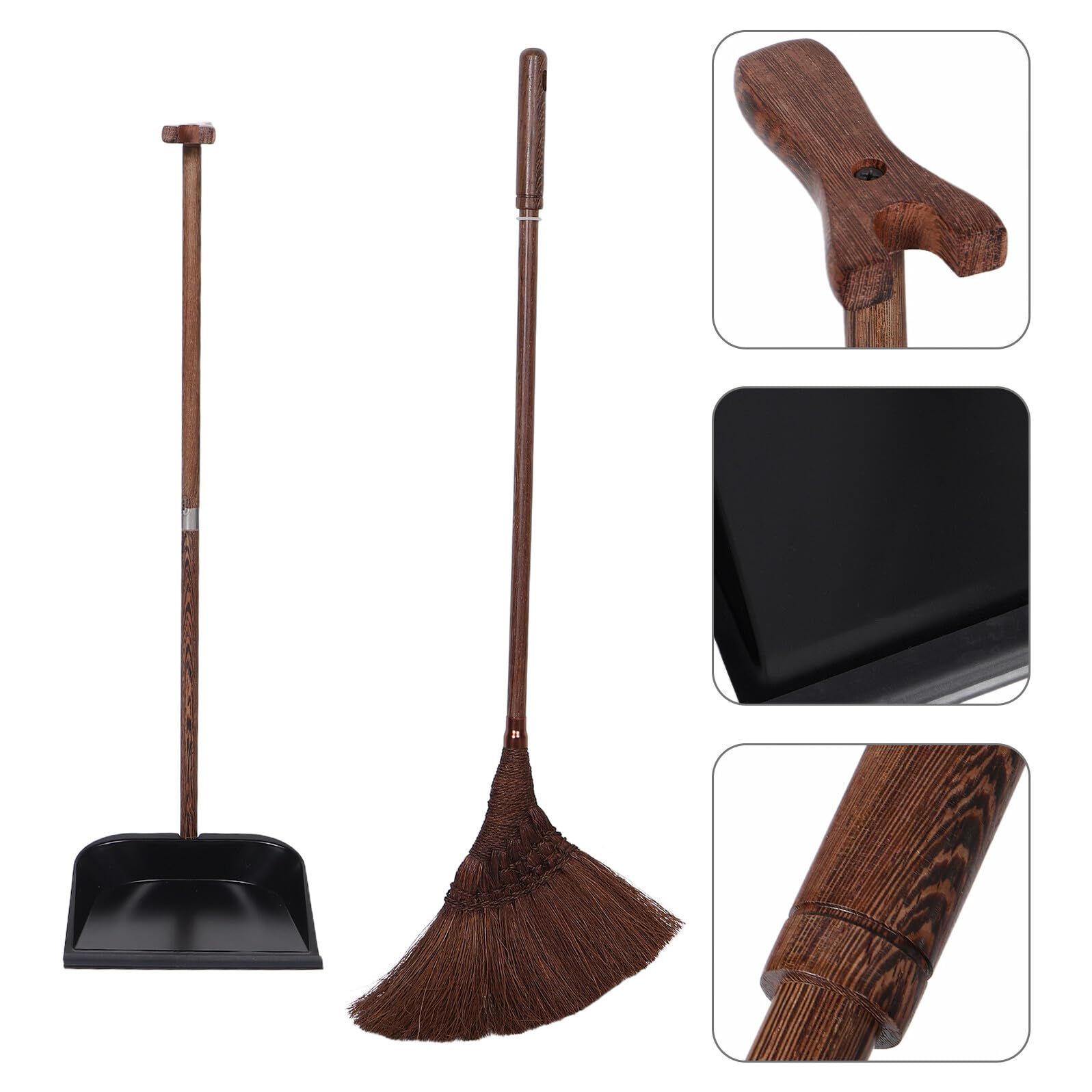Juego de Escoba y Recogedor de Madera Café para Limpieza Interior | Cerdas Suaves de Palma, Resistente a Deformación, Antiestático, para Dormitorios y Recogida de Pelo