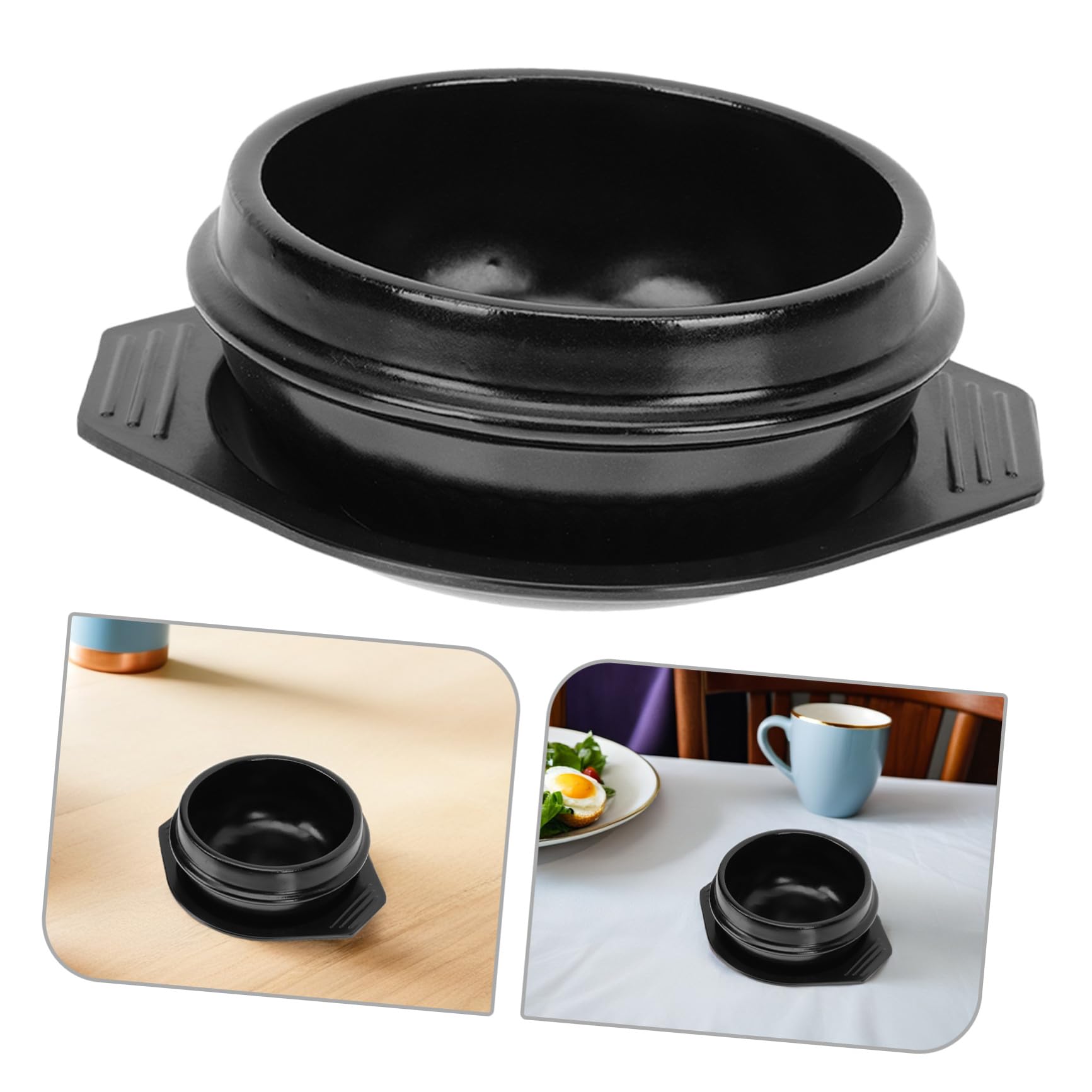 Bol Chaud en Pierre Coréenne 2pcs 800ml en Céramique avec Plateau, Bol à Bibimbap Noir Classique, Cuisson Sûre Cuisine Maison et Restaurant