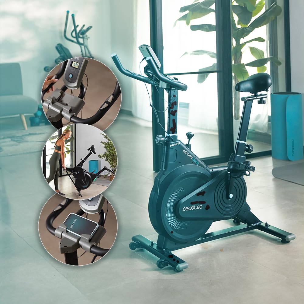 Cecotec Cyclette Indoor Compact con Volano d'Inerzia 10 Kg DrumFit Indoor 10000 Race, Display LCD, Supporto Dispositivi, Cardiofrequenzimetro, Resistenza a Frizione, Sella e Manubrio Regolabili