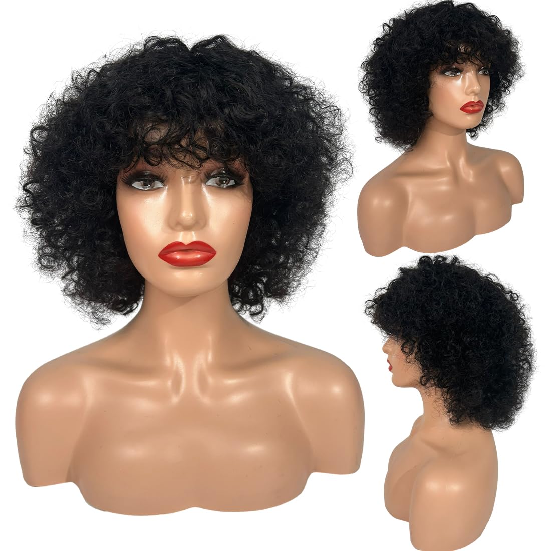 Youngirl Short Curly Wig Human Hair Wigs with Bangs Glueless Curly Wig for Black Women Brazilian Virgin Human Hair Machine Made 150% Density None Lace Natural Black