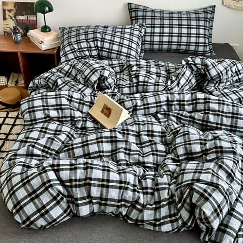 Image of mixinni Vintage Grey & Pale Blue Buffalo Plaid Duvet Cover Set Full Size - 3 Piece Washed Cotton Bedding Set with Grid Pattern, Soft & Breathable Duvet Cover with Pillowcases for Boys, Men& Women