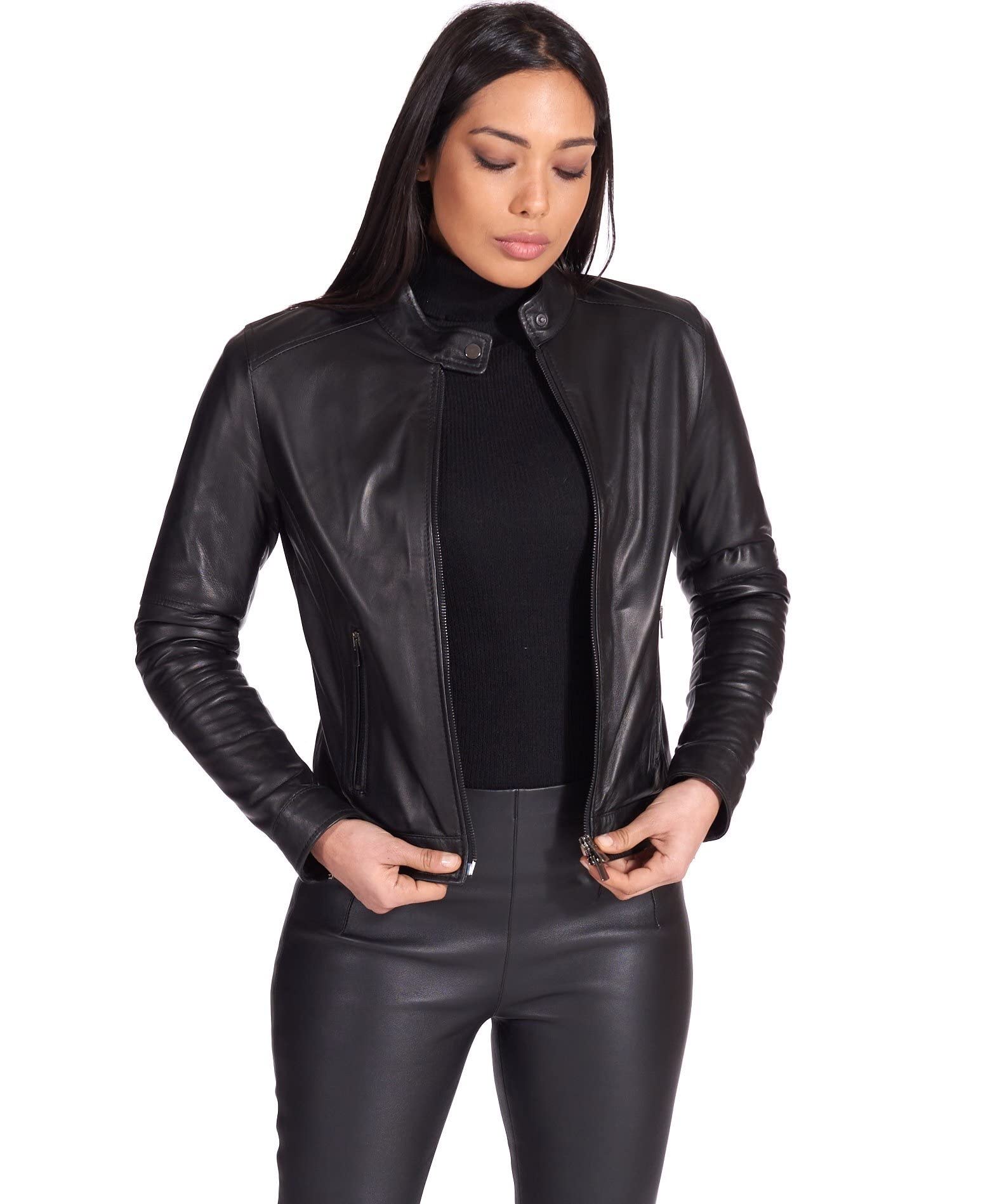D'Arienzo Veste en Cuir Italien Agneau Femme Noir Véritable Motard Made in Italy Linda