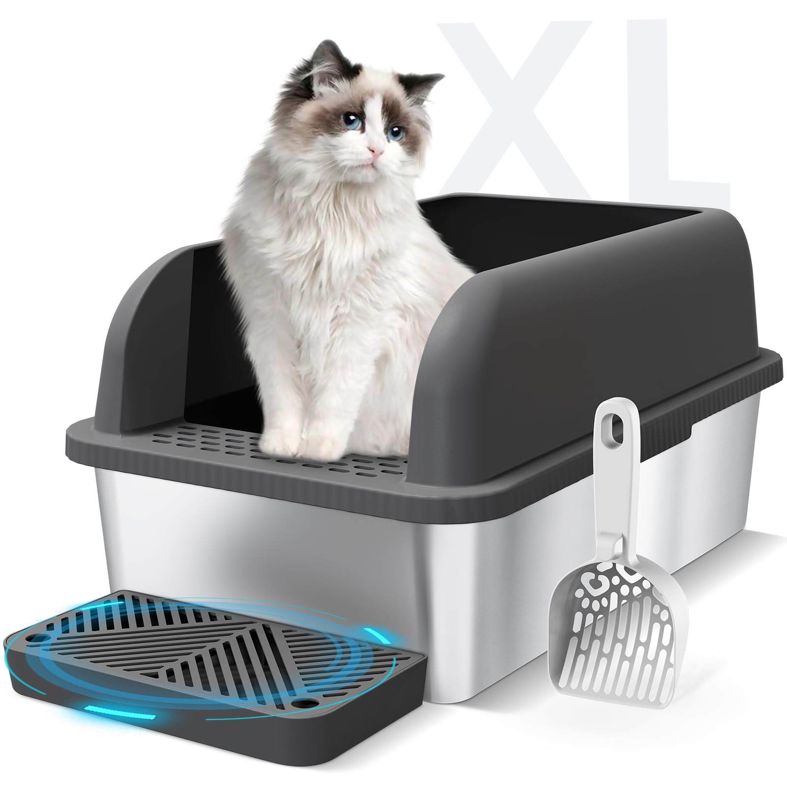 Stainless Steel Cat Litter Box with Enclosed Lid Extra Large Litter Box for Big Cats XL Metal Litter Tray Pan with High Sides Wall Enclosure, Easy Cleaning, Anti-Leakage, Non-Sticky (Charcoal Gray)