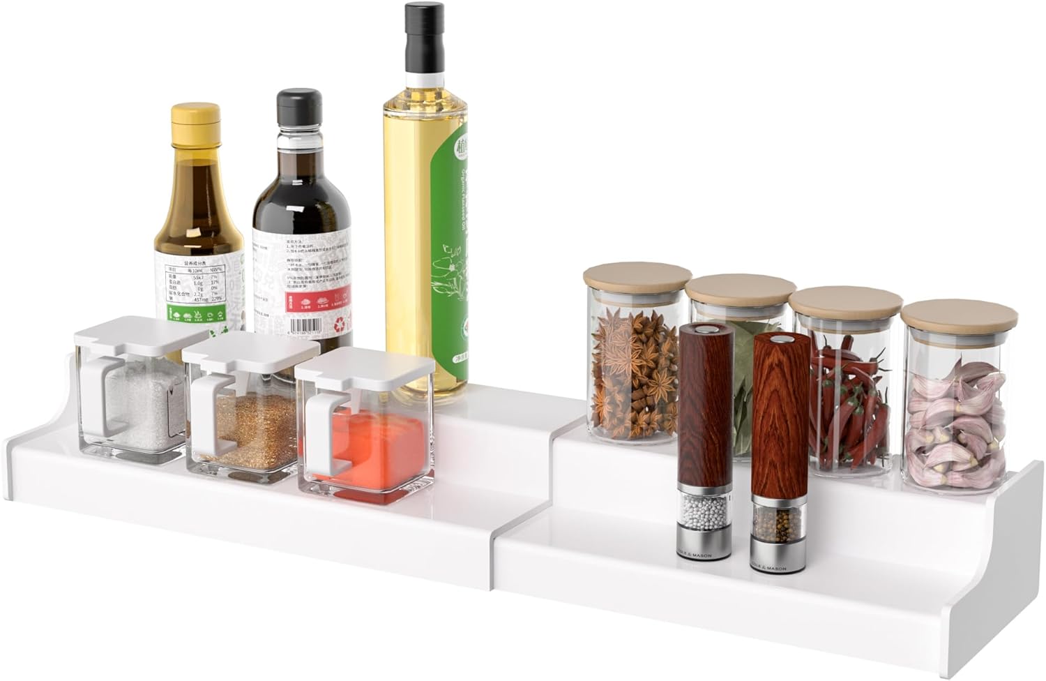 Sezanrpt Expandable Spice Rack Cabinet Organizer 2 Tier, White Kitchen Counter Display Shelf, Seasoning Organizer for Cabinet, Moisture Resistant