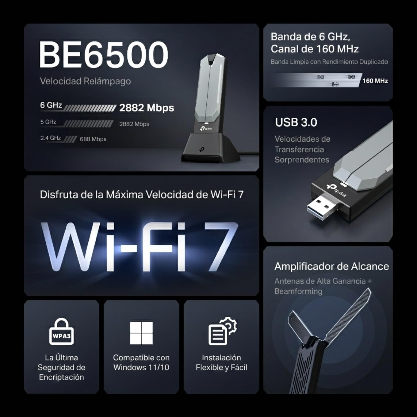 TP-Link Archer TBE400UH - Adaptador USB WiFi 7 BE6500Mbps, Tri-Banda (6GHz/5GHz/2.4GHz), MLO, MU-MIMO, OFDMA, USB 3.0, Seguridad WPA3, Plug & Play, Base para Escritorio, Compatible con Windows 11