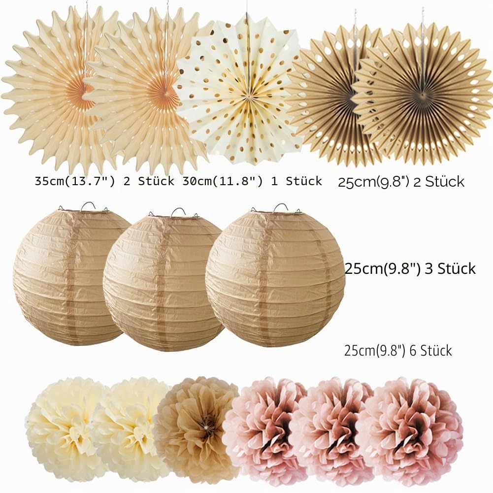 Party Deko Beige Rosa Braun Creme Neutral Boho Babyparty Deko Braun Beige JGA Frauen Altrosa Pompons Papierlaternen Champagner Gold für Boho Geburtstagdeko Brautdusche Hochzeit Junggesellenabschied