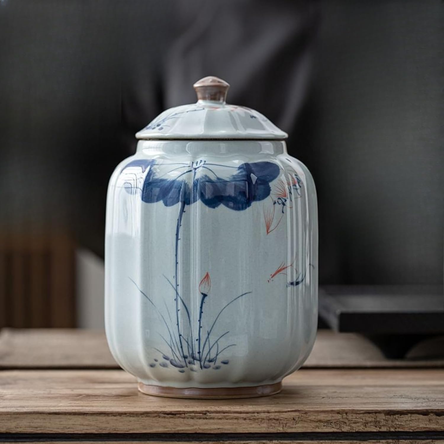 Hand-drawn Antique-style Ceramics Tea Caddy, 1100ml 44.1oz, Blue and White Porcelain Sealed Jar Tea Storage Jar