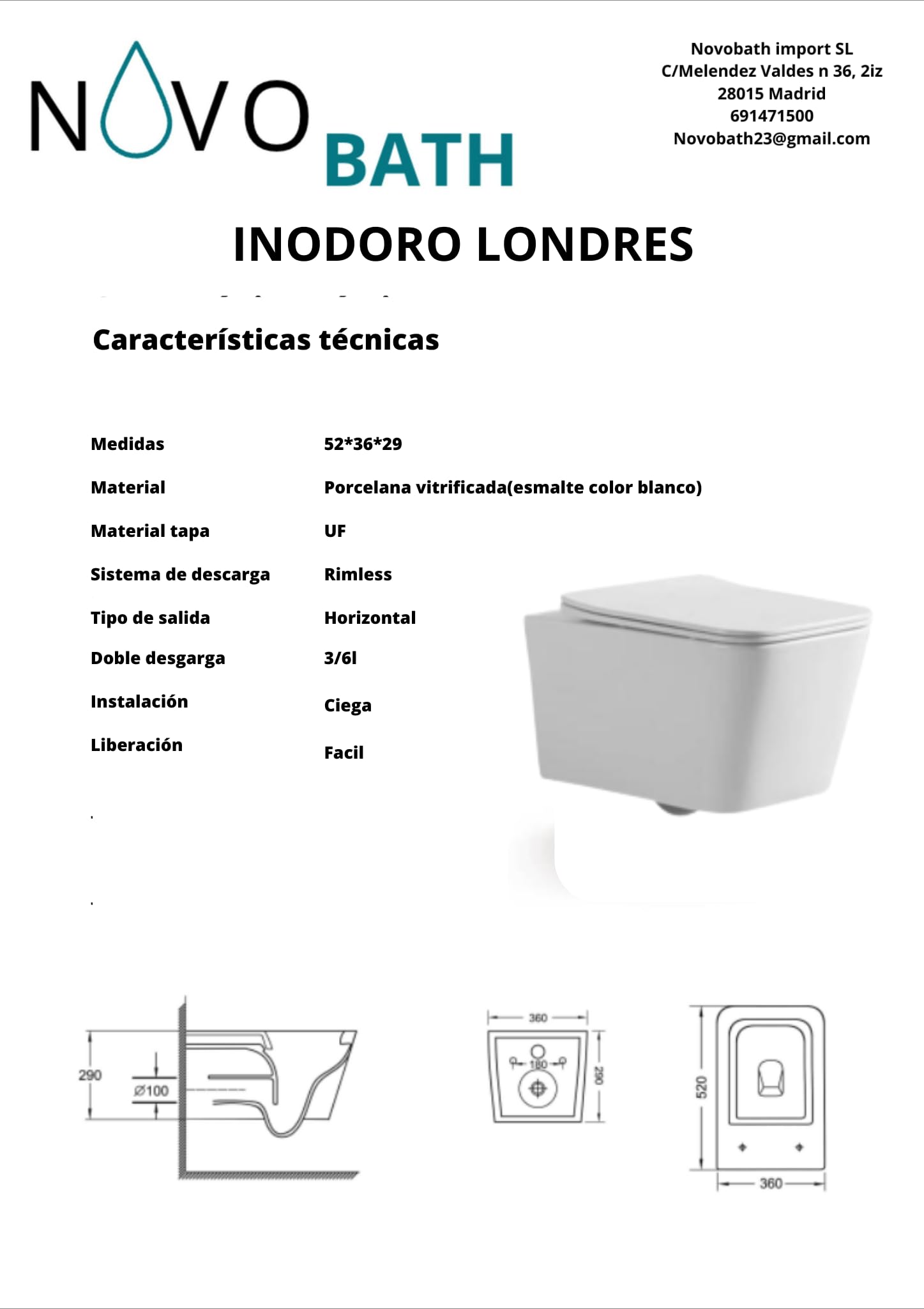 Inodoro SUSPENDIDO, Wc Inodoro Balnco, Retrete para Hogar, Sistema RIMLESS ANTIBACTERIA, Tapa Dura Extrafina AMORTIGUADA, Salida Dual