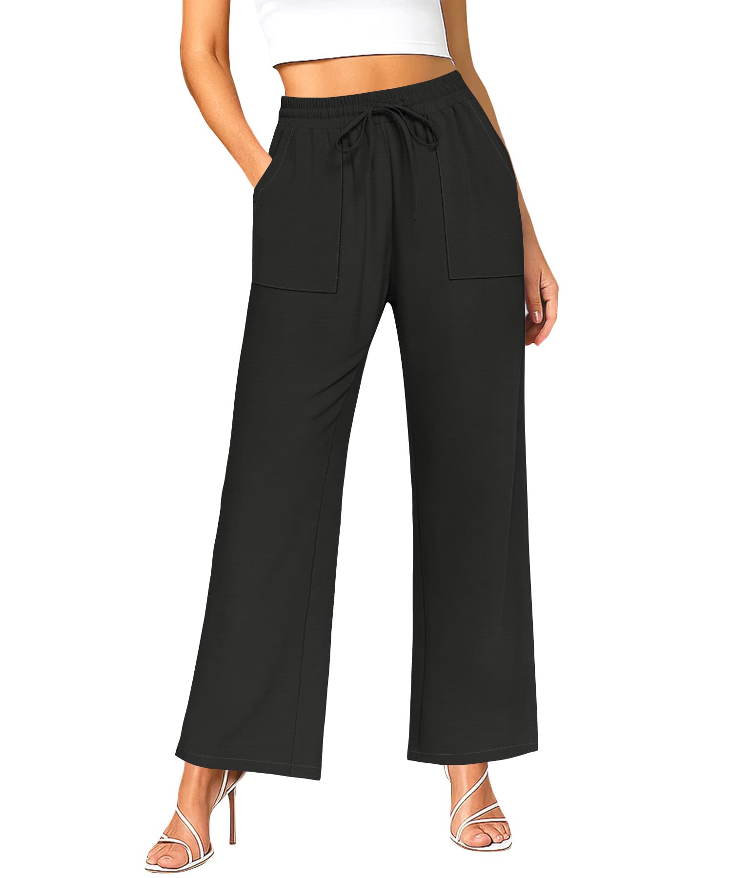 NILOUFO Women Wide Leg Pants Drawstring Elastic High Waisted Palazzo Casual Trousers with Pockets Lounge Comfy