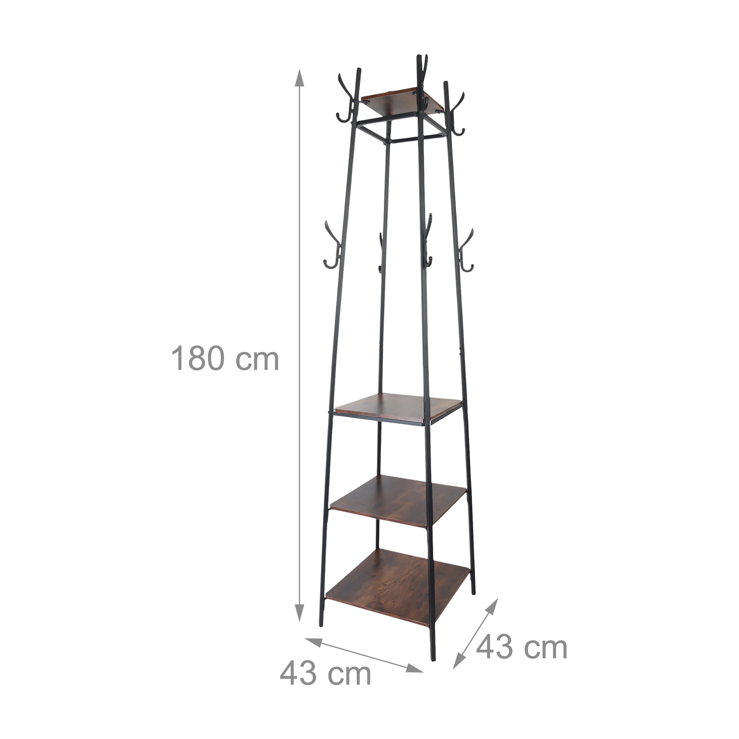 Relaxdays Appendiabiti, 8 ganci, 4 ripiani, HLP 180 x 43 x 43 cm, stender, metallo e MDF, nero/marrone scuro