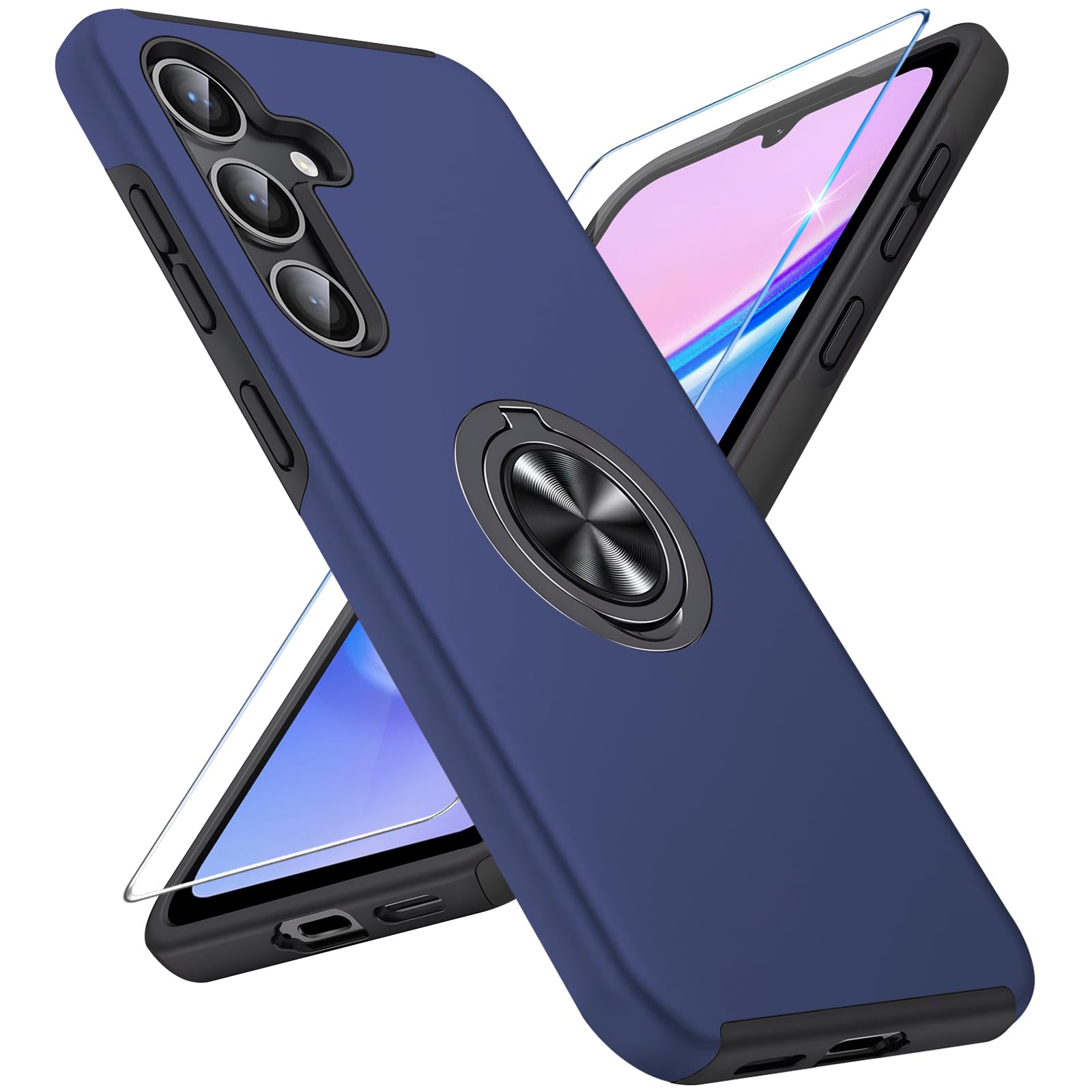 Vaki Handyhülle für Samsung Galaxy A15 5G Hülle mit Schutzfolie, Schutzhülle Galaxy A15 5G Case mit 360° Magnetischer Ring Ständer Kratzfest Fallfestigkeit Stoßfest für Samsung A15 Cover (Blau)