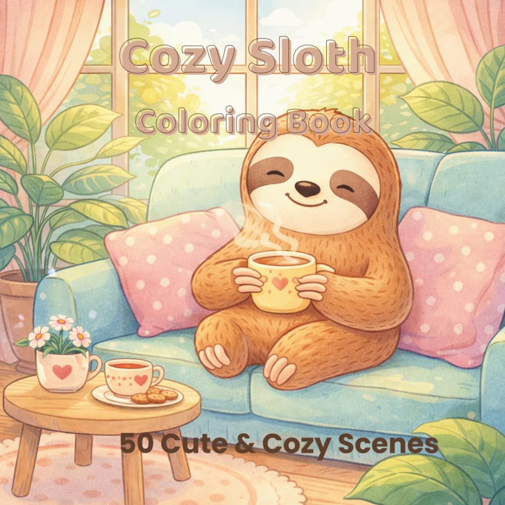 Cozy Sloth Coloring Book: 50 Cute and Relaxing Scenes for Stress Relief and Mindfulness | Easy and Simple Designs for Adults and Beginners