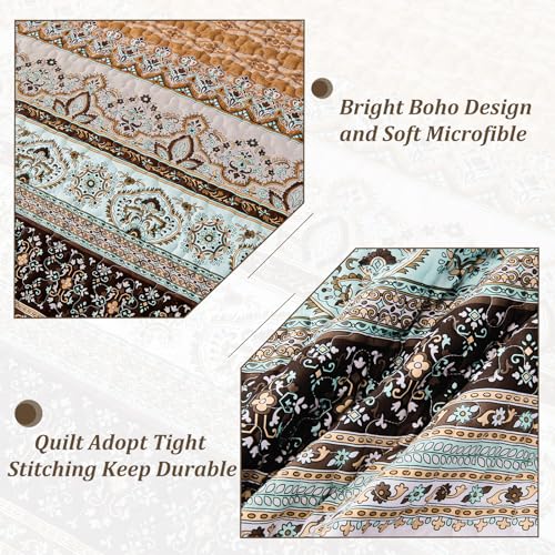 WONGS BEDDING Boho Fall Queen Quilt Set, Brown Bohemian Queen Quilt Bedding Set, Lightweight Microfiber Bed Decor Bedspread for All Season 96"x90"(3 Pieces) - Image 6