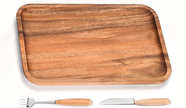 Wood Tray Wooden Serving Tray Handmade Solid Acacia Wood Rectangular Wooden Platters for Serving Coffee Beverages Tea Plate Dessert,Bread, Fruit,Dinner Breakfast Platters11.7x7.87x0.78in
