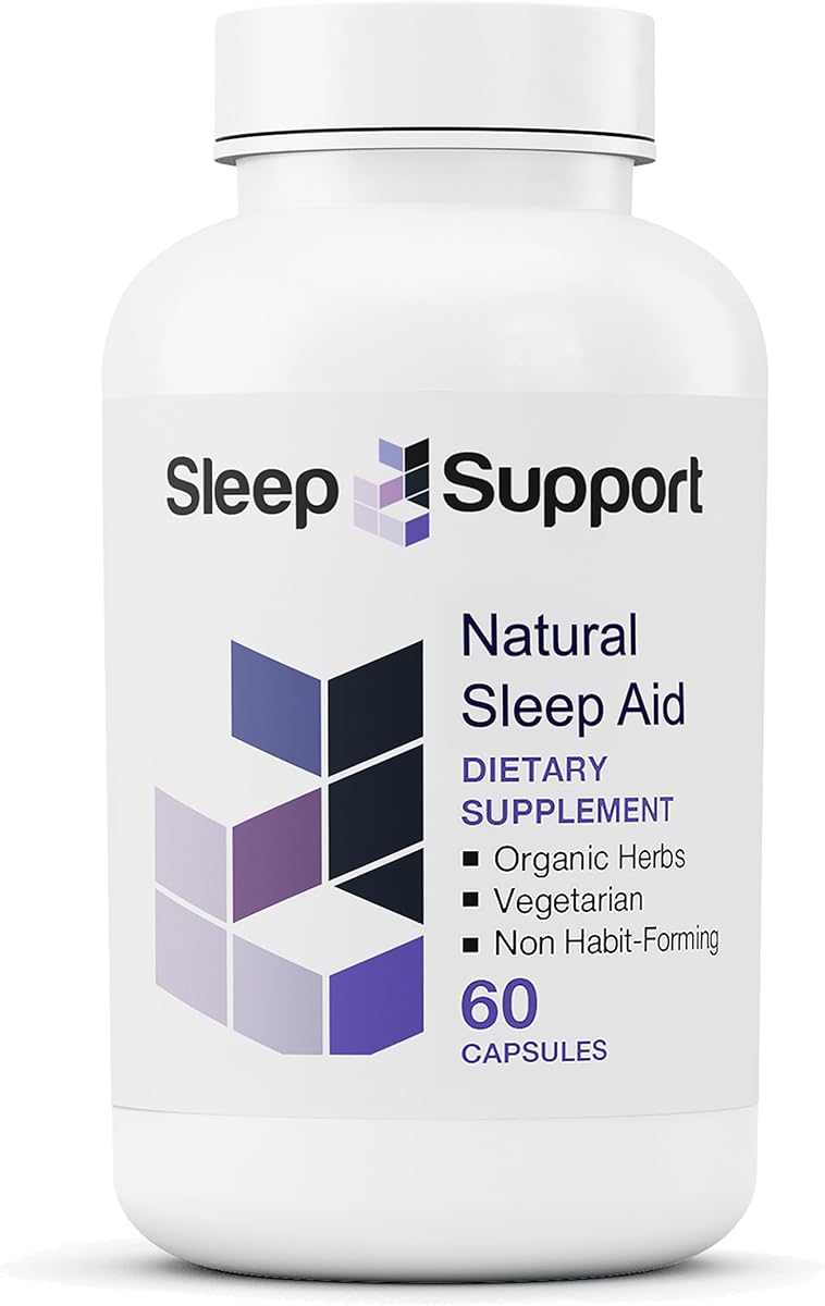 Sleep Support for Adults with 5 Organic Herbs, L-Theanine, L-Tryptophan, Glycine, Magnesium & Low Dose Melatonin, 60 Vegetarian Capsules