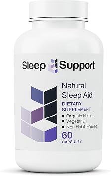 Sleep Support for Adults with 5 Organic Herbs, L-Theanine, L-Tryptophan, Glycine, Magnesium & Low Dose Melatonin, 60 Vegetarian Capsules
