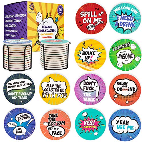 Funny Stone Coasters For Drinks with Holders | 12 Set Absorbent Cool Ceramic