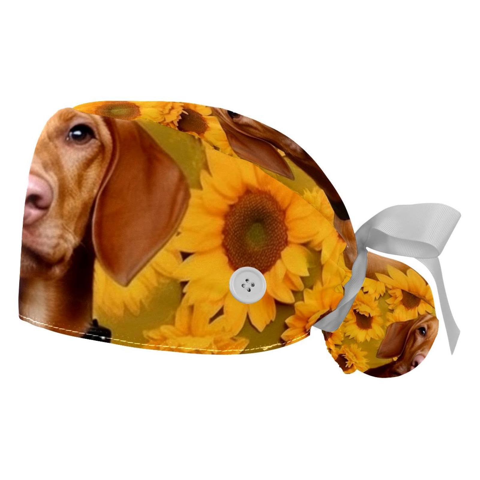 2Pcs Octopus Sunflower Nurses tie Back hat with Buttons Ribbon,One Size for Women,Long Hair