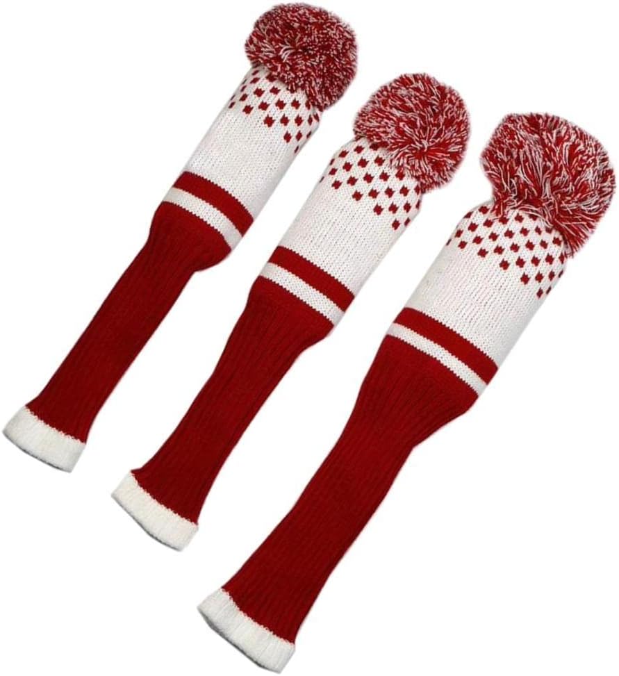 Knitted Golf Club Head Covers Driver with Pom Poms - Set of 3 Stylish Knit Covers for Woods and Putter - s Clubs from Scratches and Dings - Perfect Golf Accessories for Traveling - White Red