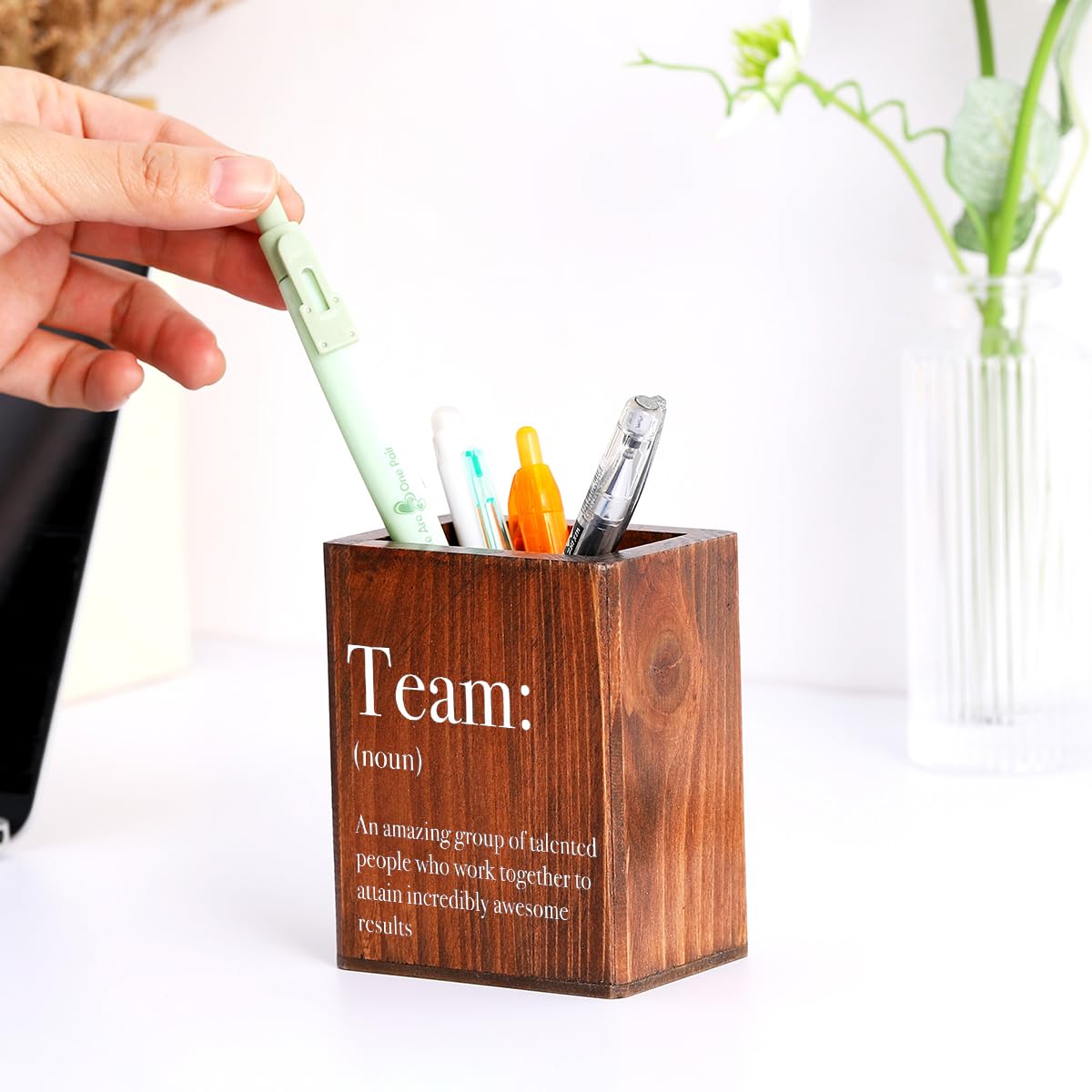 Vizuzi Inspirational Pen Holder - Wooden Desk Decor With Motivational Quote, Office Gift For Coworkers, Women & Men