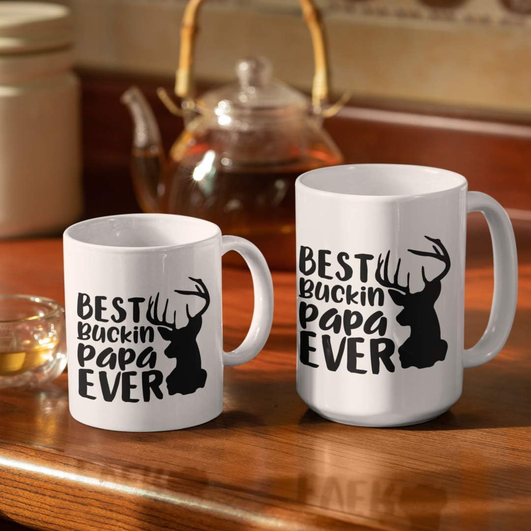 Best Buckin Papa Mug for Grandpa or Dad for Fathers Day Birthday Christmas Funny Deer Hunting Pun 11 or 15 oz. White Ceramic Coffee Tea Cup with Sayings for Men Him