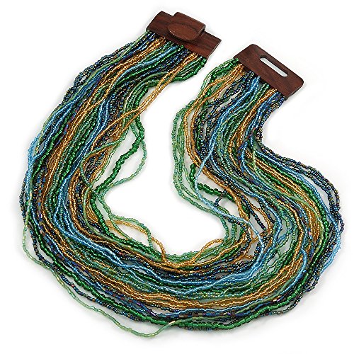 Collier multirangs en perles de verre Avalaya doré et vert 60 cm