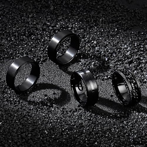 EIELO 6Pcs Stainless Steel Band Rings for Men Women Cool Fidget Spinning Chain Ring Anxiety Relief Fashion Simple Wedding Engagement Black Ring Set4