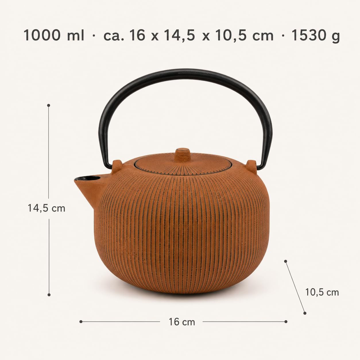 MIJOMA Tetera de hierro fundido con esmalte y filtro de acero inoxidable, color marrón | 1000 ml, mango negro, tapa e infusor para té suelto